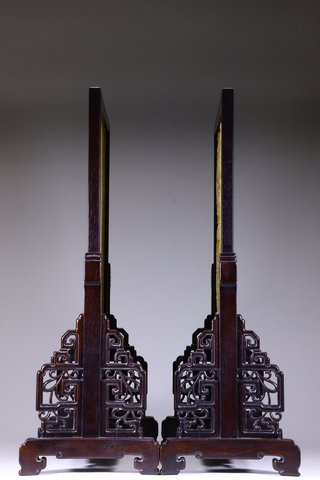 紫檀|清乾隆: 紫檀嵌和田玉祥龙诗文插屏 一对