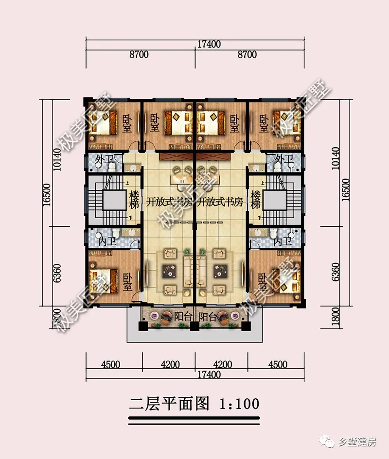 |新中式三层兄弟双拼别墅，平屋顶设计，布局舒适外观大气