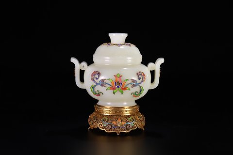 |和田玉双耳香炉、银鎏金花丝镶嵌