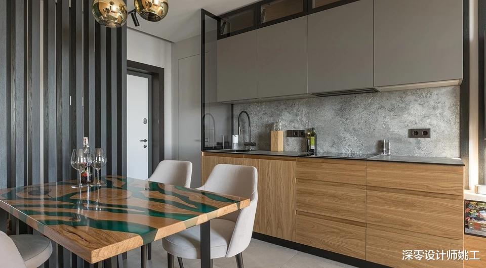 深色调点缀60㎡小资空间, 玄关搭配木格栅, 演绎沉稳质感之美