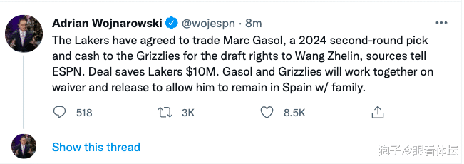 王哲林 湖人完成交易！得到王哲林签约权 为此送出小加索尔+次轮签+现金