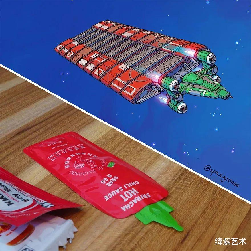 绛紫艺术 ?他依照日常物品手绘宇宙飞船，酒瓶子都不放过，网友：想象力绝了