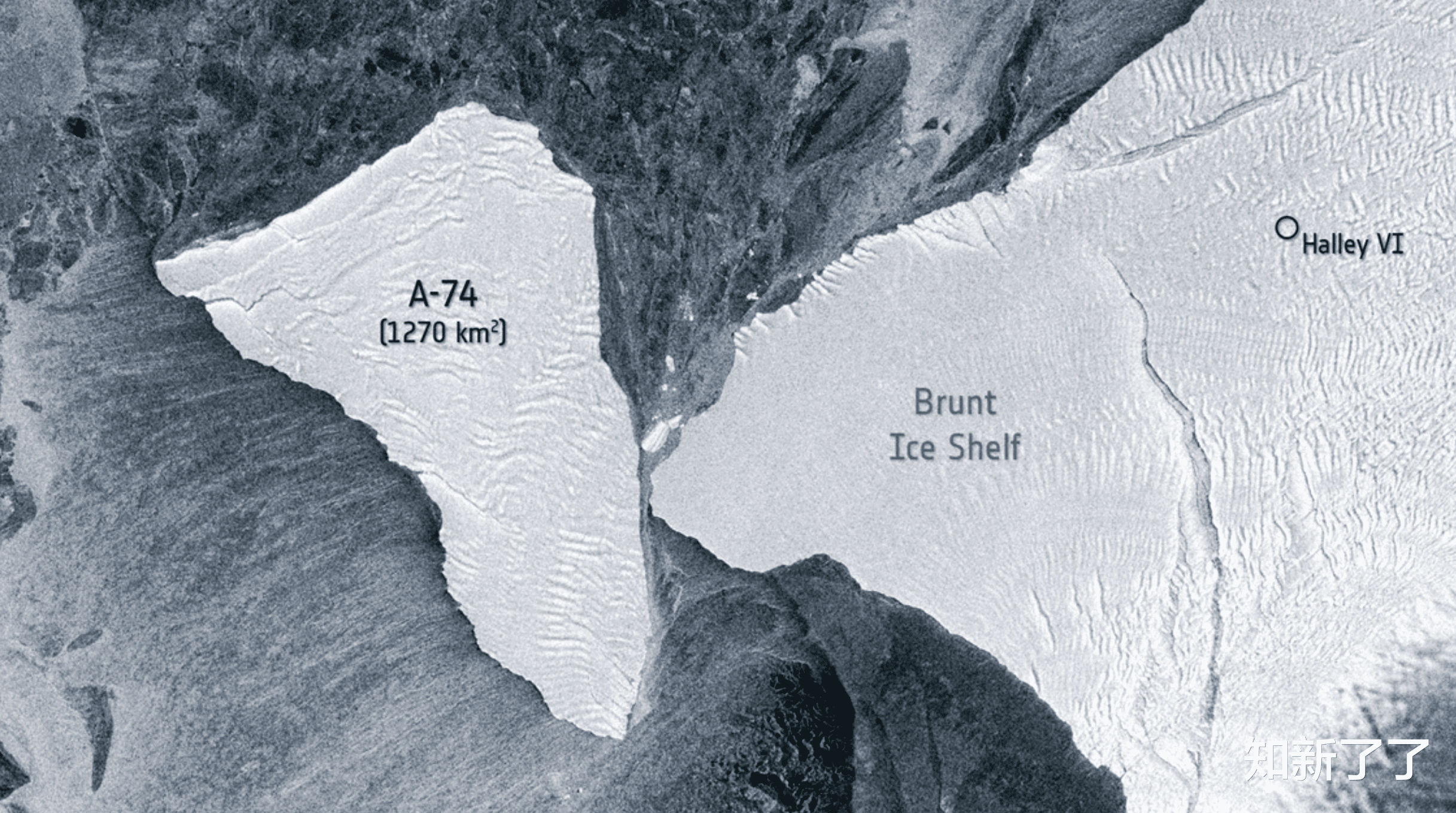 卫星 卫星图像展现了A-74冰山旋转着擦过南极冰架的惊险一刻