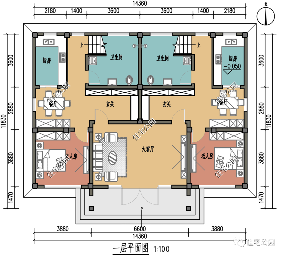 |14×11米三层新中式双拼，能跟兄弟一起建房可真好
