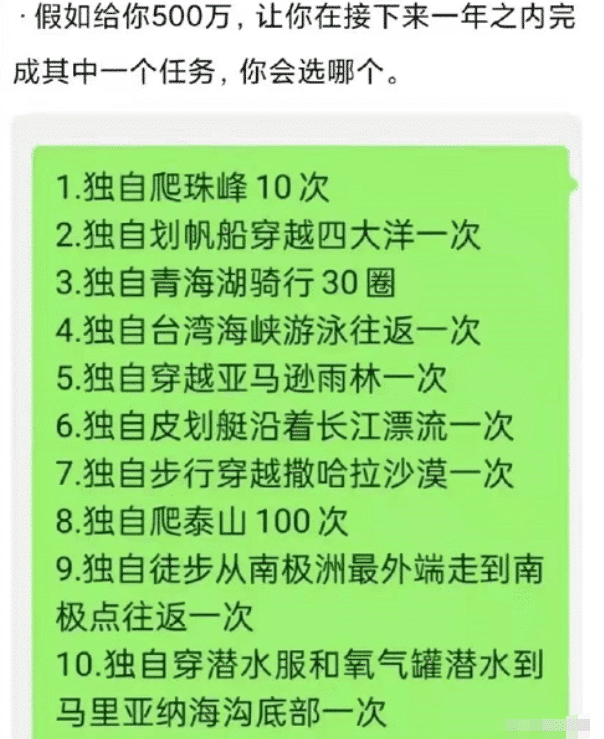 萌萌萌说|给你500万，但你在一年之内必须完成下面一个任务，你会怎么选？