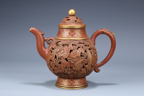 |老紫砂描金“一路连科”紫砂壶