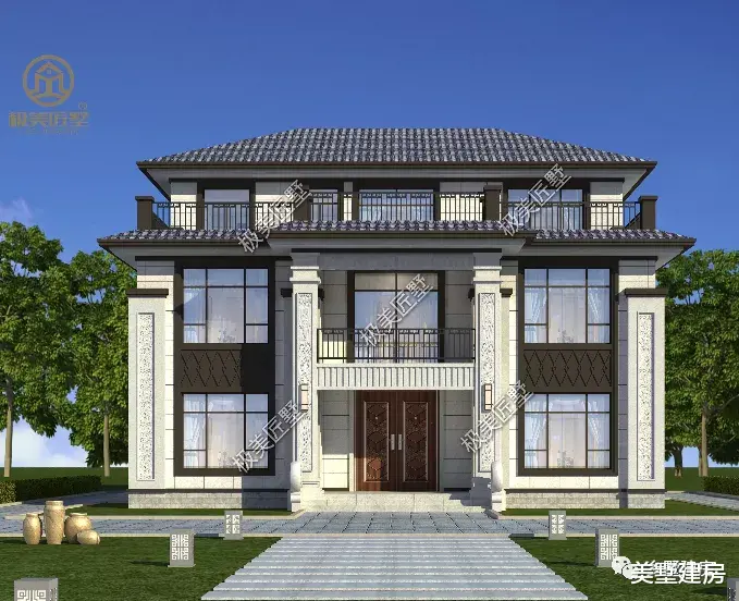 对称大气的新中式三层别墅,典雅大气舒适,多卧室居住不拥挤