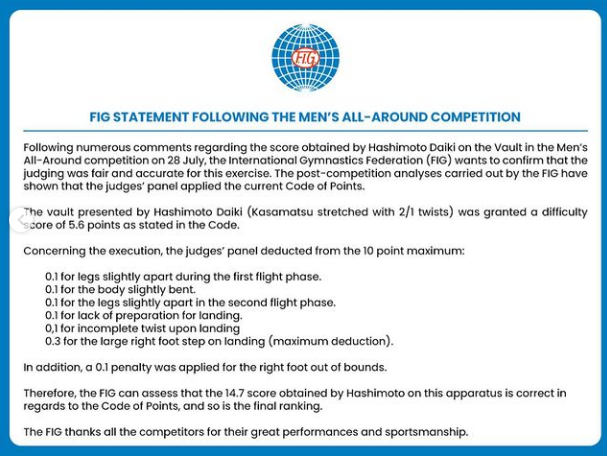 跳马|桥本大辉发文回应跳马出界仍得高分：可能很奇怪，但这是客观评分