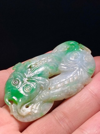 |清 飘绿 翡翠 双鱼珮