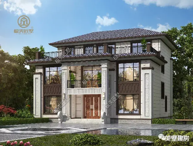 对称大气的新中式三层别墅,典雅大气舒适,多卧室居住不拥挤