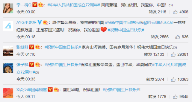 赵丽颖|新中国成立72周年，肖战王一博谢娜赵丽颖杨幂等众星为祖国庆生