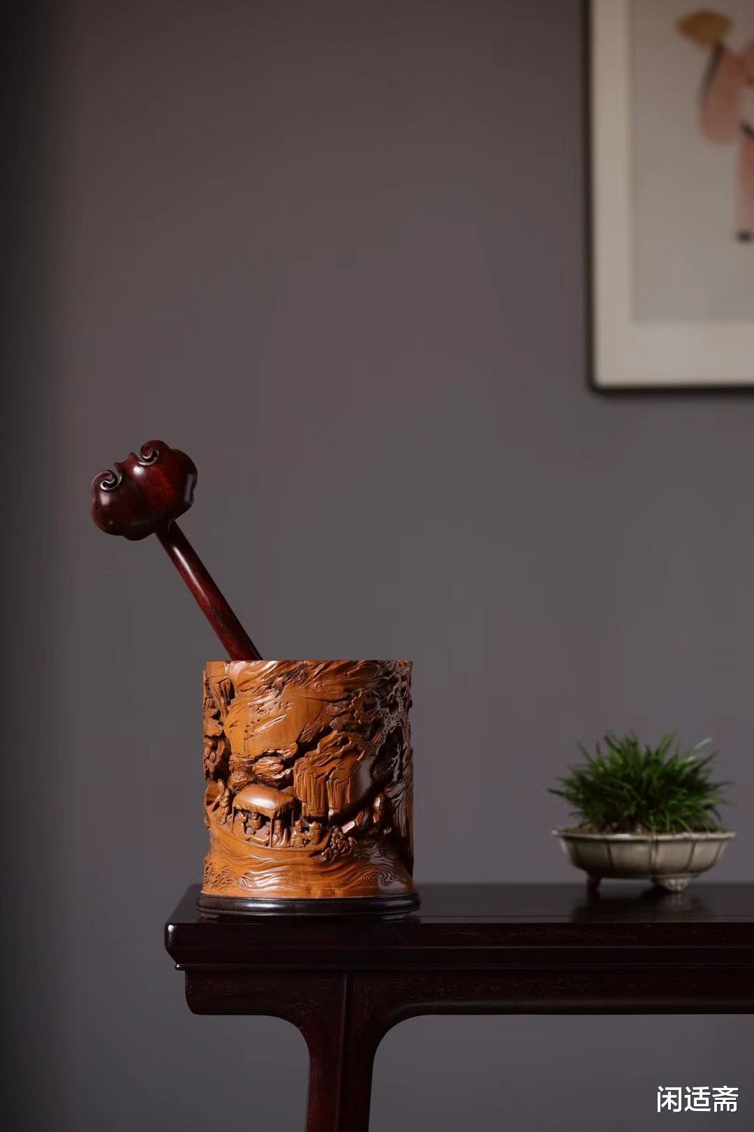 雕刻|文房藏珍,老黄杨大料,雕刻夜游赤壁图,笔筒