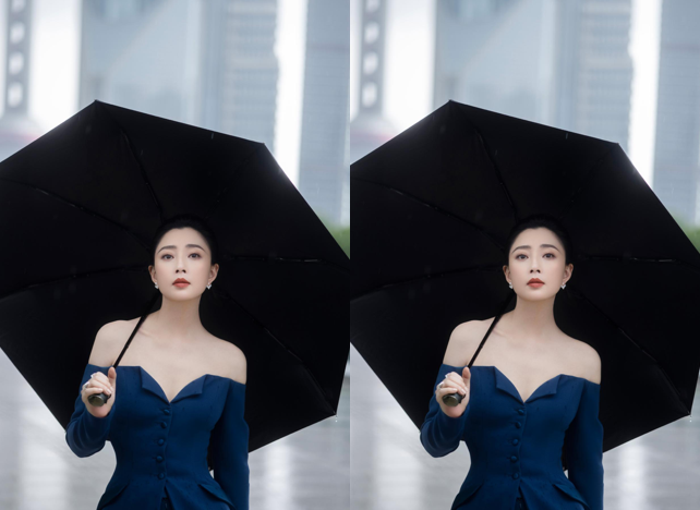 潮流搭配师甜甜|殷桃撑伞漫步真有魅力，“饱满身材”穿一字领太有女人味，太惊艳