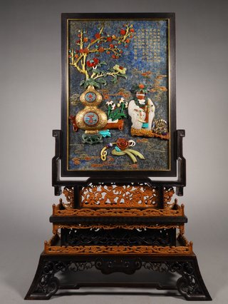 青金石|清代,青金石嵌百宝清供纹太平有象描金山水风景插屏