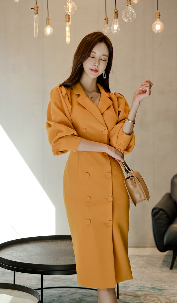 现代女性衣品鉴赏 潮流新品-鲜黄橘彩宫廷灯笼袖及膝礼裙