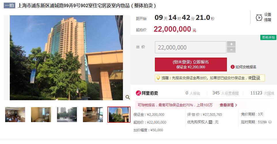 |陆家嘴241平方大平层，低于市场价500万起拍。