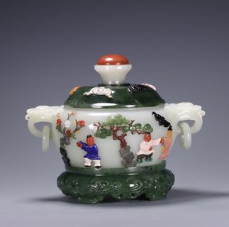 |旧藏: 和田玉百宝嵌【福禄寿喜】盖炉