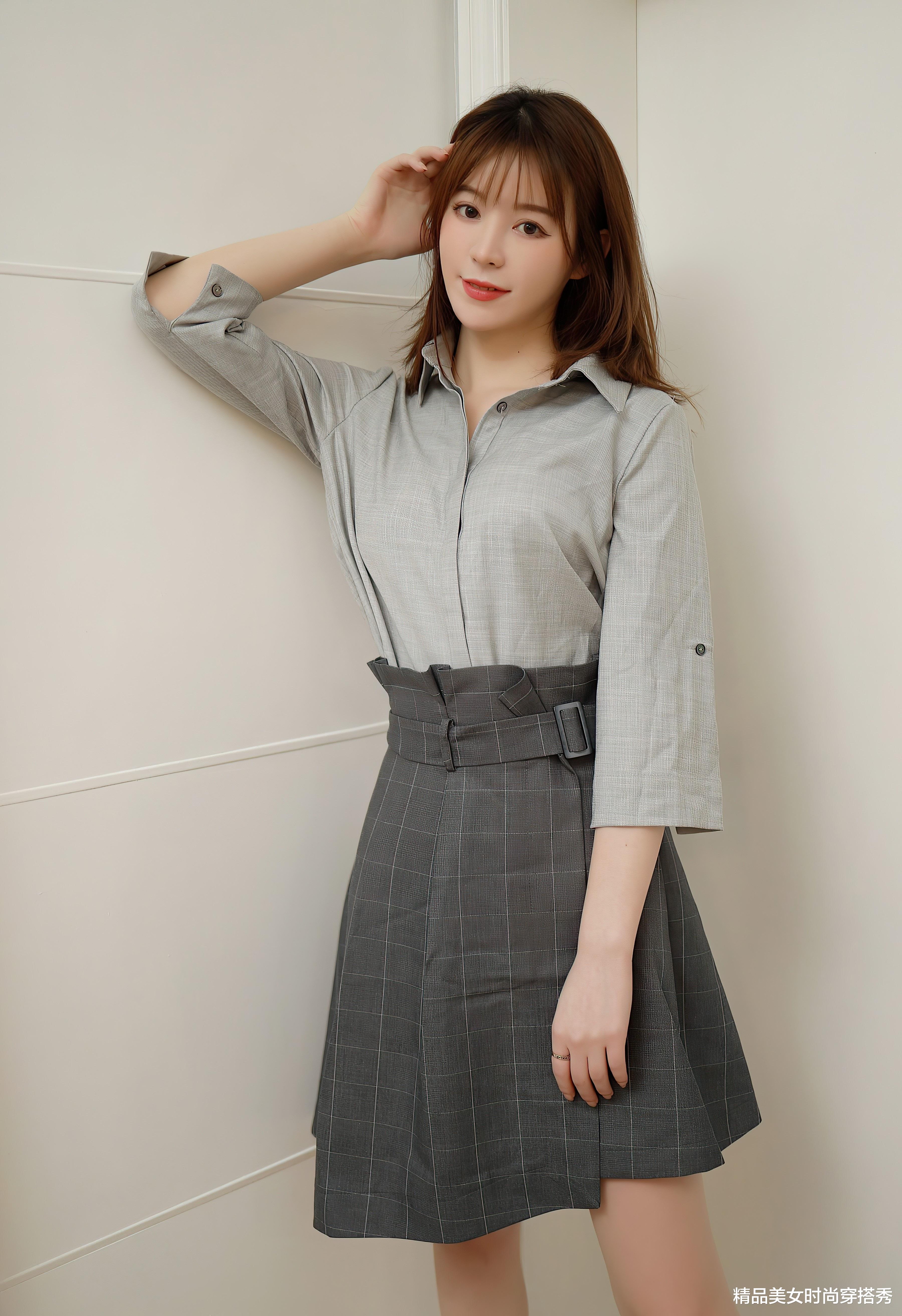 精品美女时尚穿搭秀|麻灰色的衬衫搭配深灰色格子裙，甜美优雅又不失职业范