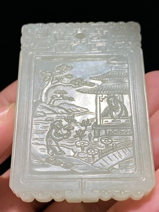 和田玉籽料|清乾隆 和田玉籽料 白玉 高士赏荷 诗文牌 子冈牌 挂件