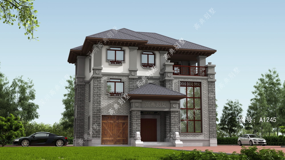 中式三层别墅，户型方正，四面通风，采光极佳。