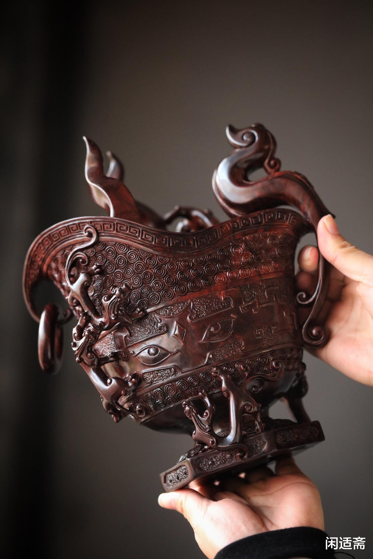 紫檀|富贵古雅,紫檀木雕,螭龙爵杯