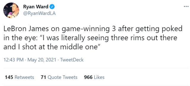 勒布朗·詹姆斯|詹姆斯谈制胜三分：当时看到3个篮筐！浓眉调侃：我们得多戳他的眼睛