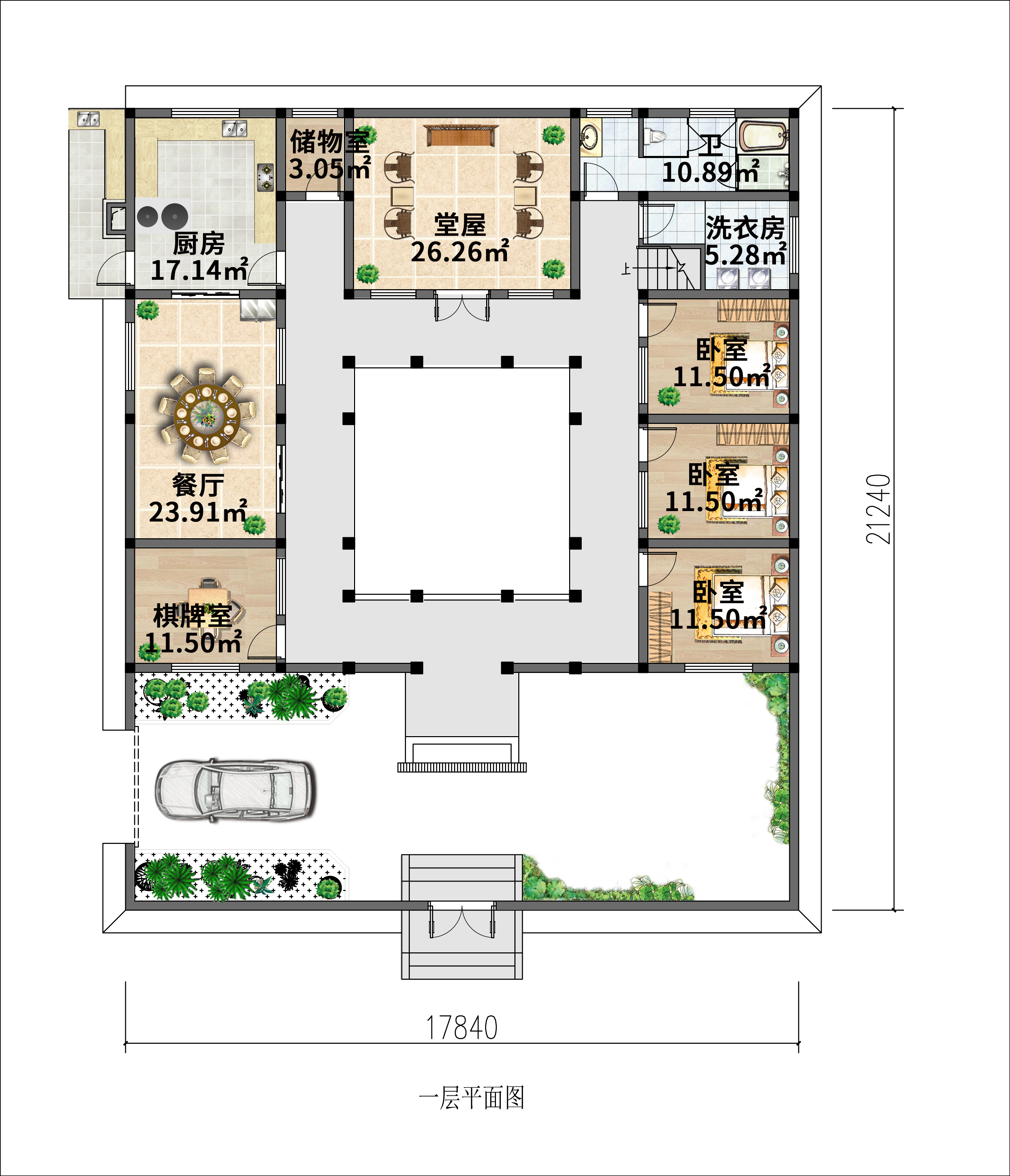 |中式合院二层住宅，庭院做凉亭更有悠闲氛围