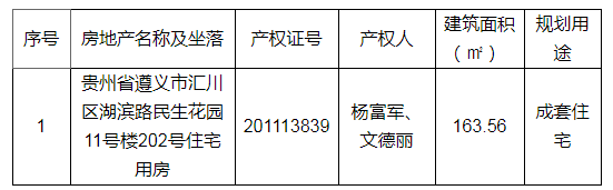 大冶|遵义市汇川区湖滨路民生花园11号楼202号住宅用房——司法拍卖