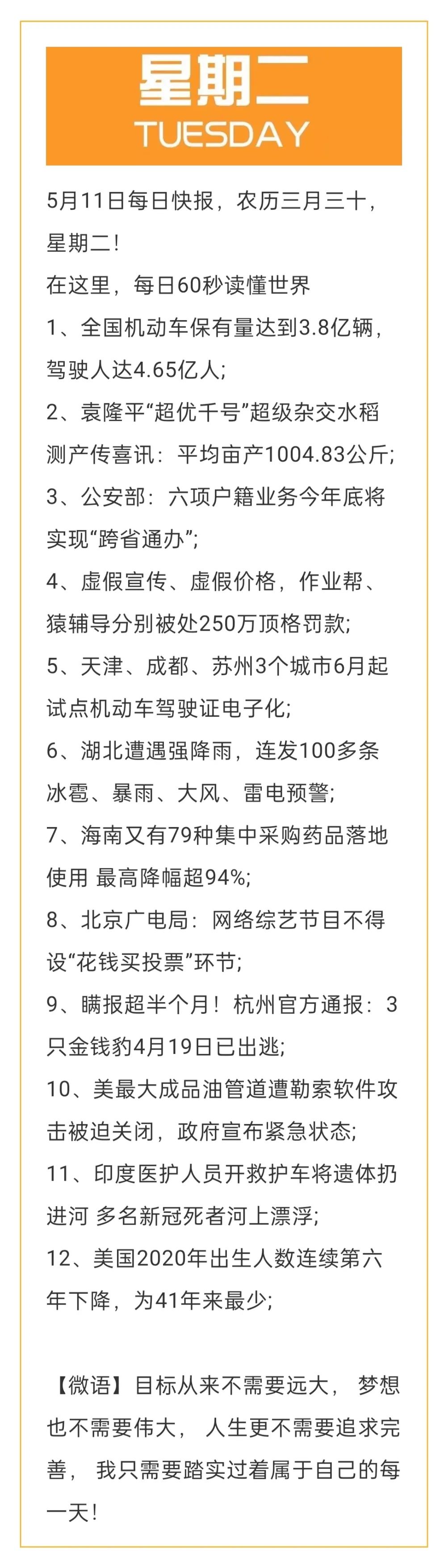 每天60秒读懂世界简讯 5月11日，星期二，在这里每天60秒读懂世界！