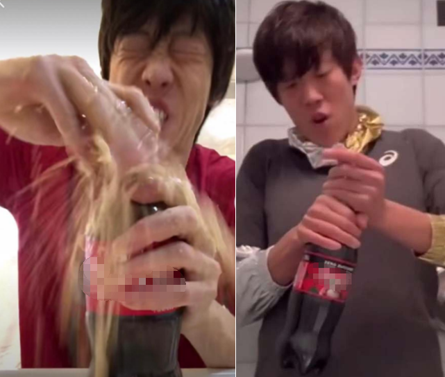 林丹|38岁林丹嗨玩龙吸水！被可乐猛喷一脸呛鼻子，表情狰狞动作夸张