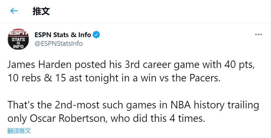 詹姆斯·哈登|登峰造极!哈登40+15+10创5大神迹!众美媒发推盛赞