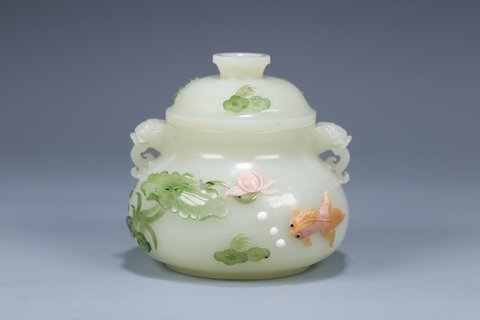 |和田玉嵌多宝双兽耳盖炉