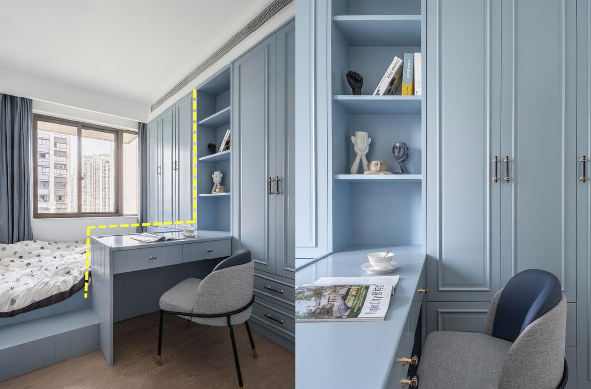 越想越机智，将榻榻米床尾延伸打造成一字型书桌，双人位共同学习