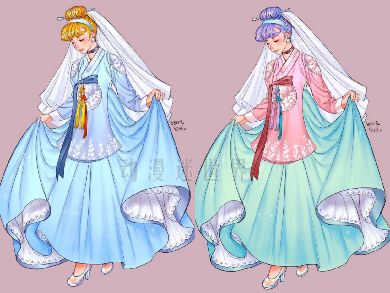 迪士尼公主|穿“韩服”的迪士尼公主，画师自创两副面孔，首见黑发的艾莎女王
