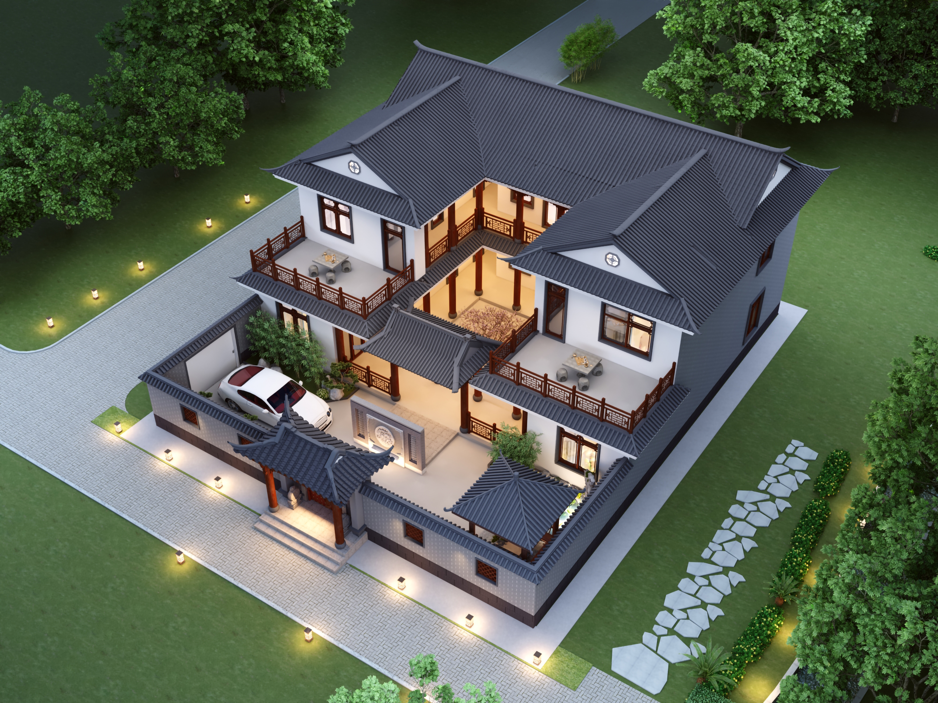 |中式合院二层住宅，庭院做凉亭更有悠闲氛围