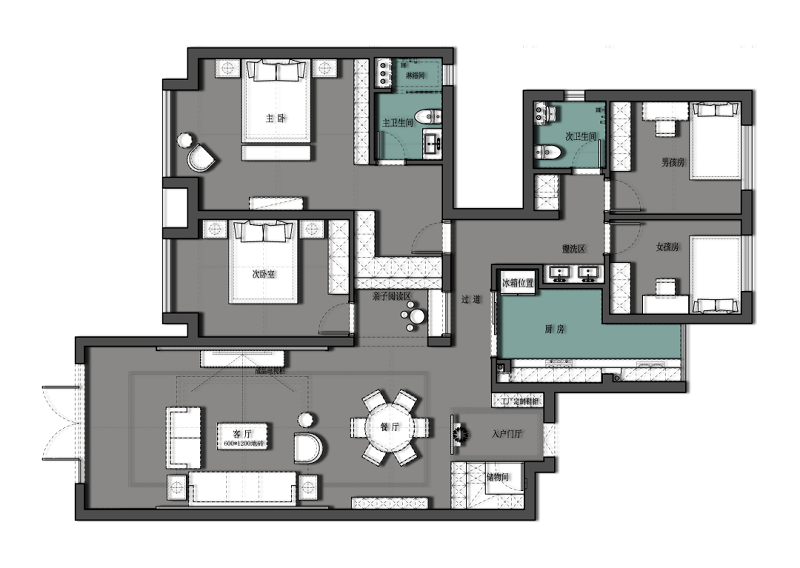 |170平米新中式风装修案例，客餐厅一体化设计，典雅端庄