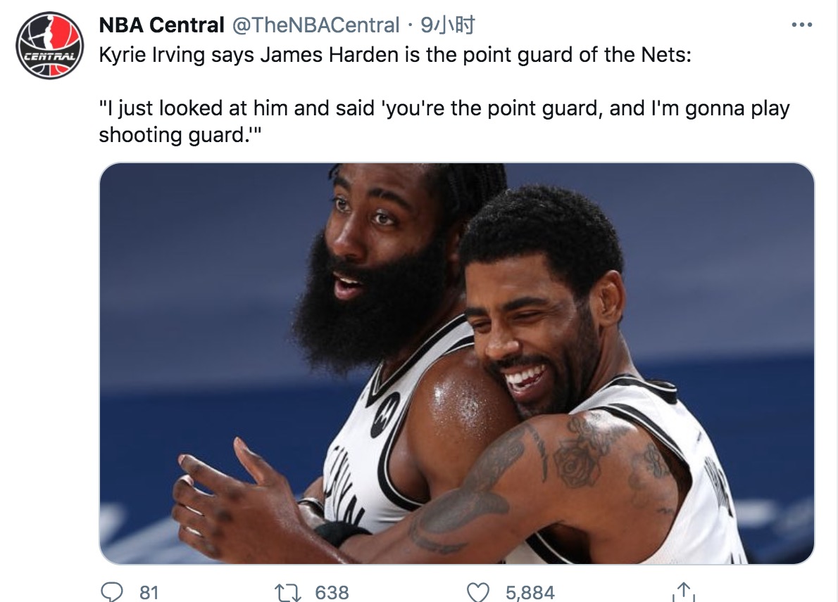 火箭队|欧文：哈登完全胜任控球后卫，球该在他手里，我可以打得分后卫