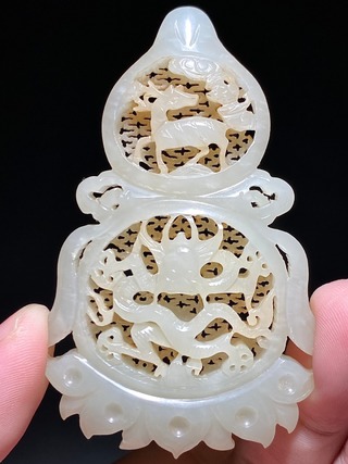 元青花|明 和田玉籽料 白玉 透雕葫芦形福禄龙纹牌 挂件把件