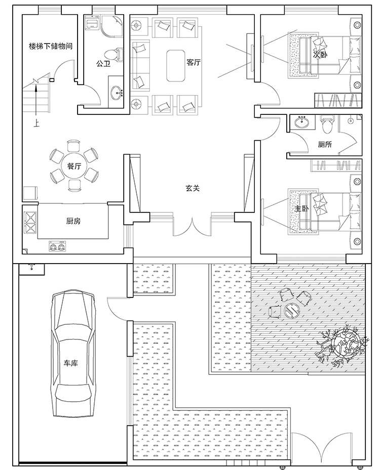 两侧不开窗设计，庭院露台尽显中式悠闲