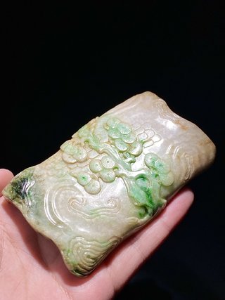笔筒|清 天然飘绿翡翠 松桩 墨床 笔搁 文房摆件
