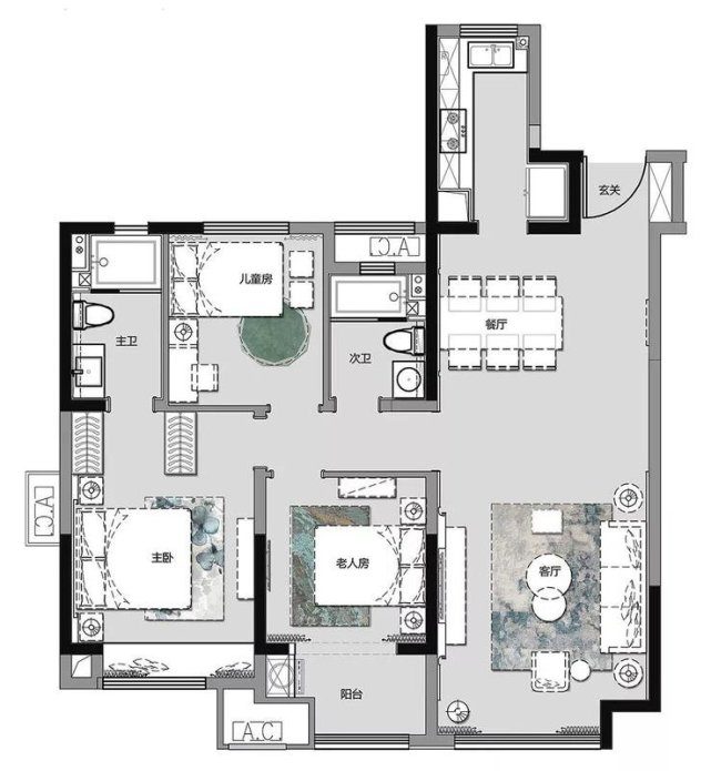 |125平以“轻快乐章”为主题，呈现了一个灵动有秩序的品质空间