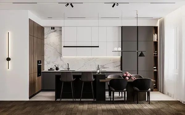 黑白灰基础三色与暖色调的橡木色结合轻松自然而不失现代感。