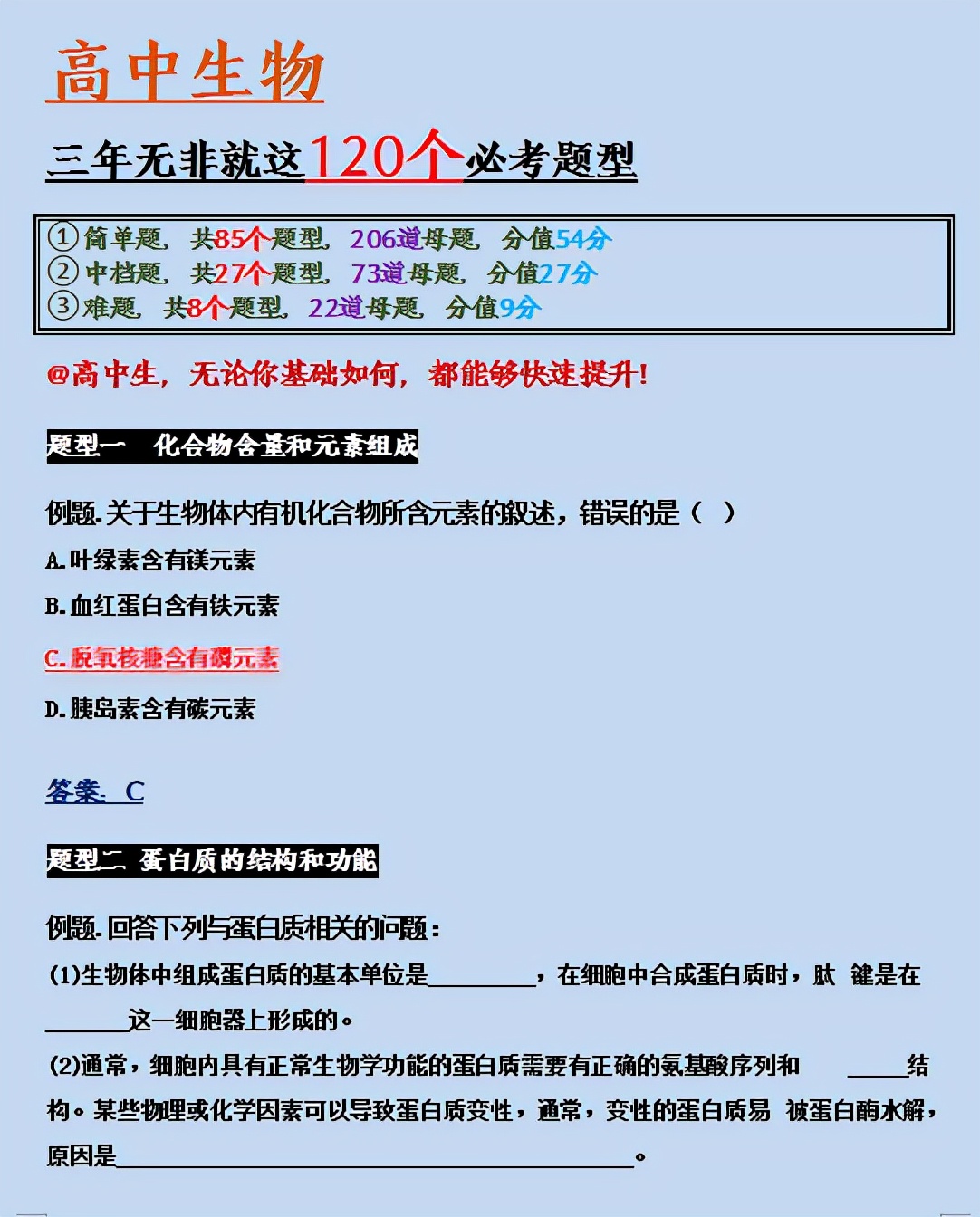 中小学|高中生物：三年无非这120个必考题，用20%的精力拿90%分数