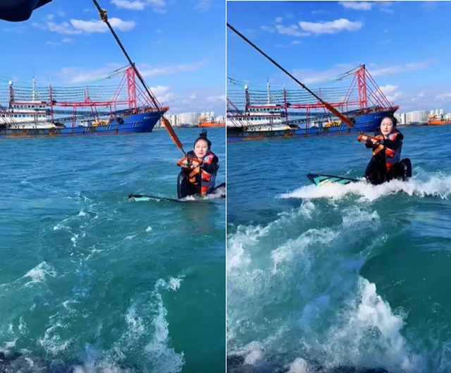 张俪|张俪海上冲浪意外滑倒！表情狰狞双手扑腾，整个人被海浪打趴下