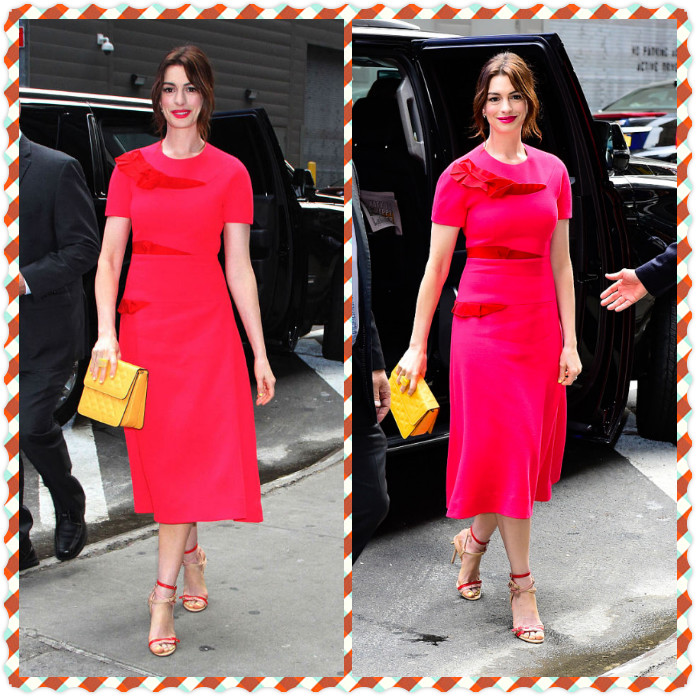 粉色|安妮海瑟薇的照片真的没修过吗，穿这么荧光都很美，怪不得总被黑