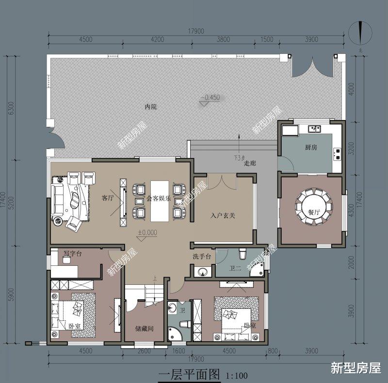 |宅基地东西17米南北17米，东面临街，南西北邻居，怎么设计？