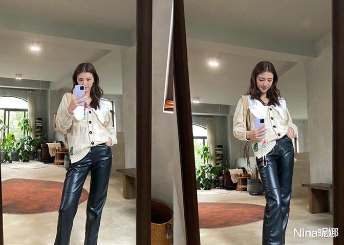 穿翻领毛衣皮裤像网红打卡,薯片比脸还大两圈(吴千语逛街最新照片)