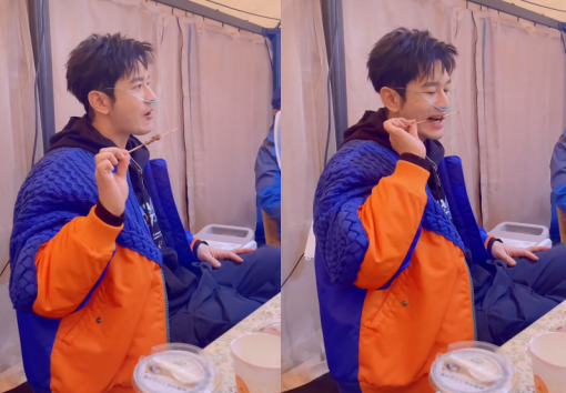 黄晓明|黄晓明插氧气管吃烤串！大口咀嚼神情严肃，侧脸消瘦显疲惫