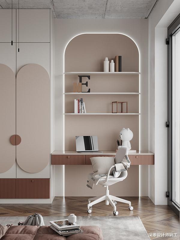 家里没书房怎么办？不妨将卧室衣柜做拱形壁龛变书桌，美观又大方