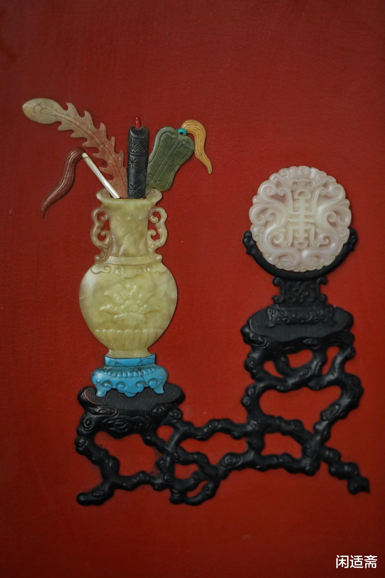 中式厅堂装饰挂件,百宝嵌红漆底,博古图挂屏